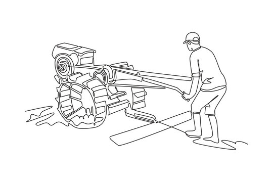Continuous one line drawing young man operating a hand walking tractor in muddy agricultural field. Rural farming, soil cultivation, agrarian labor. Single line draw design vector graphic illustration