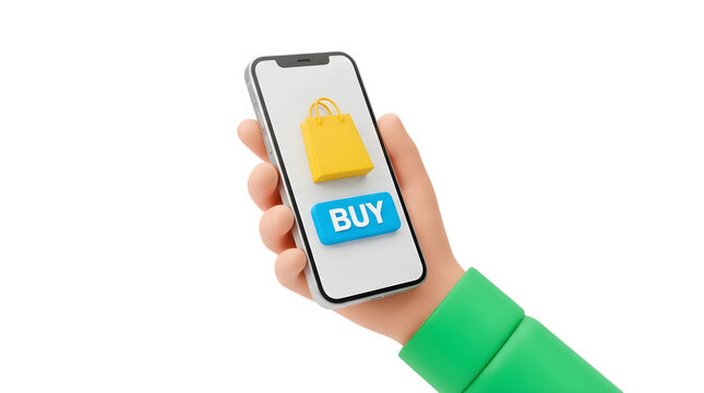 Mobile shopping app on smartphone screen, 3D hand holding phone with buy button, online retail store concept