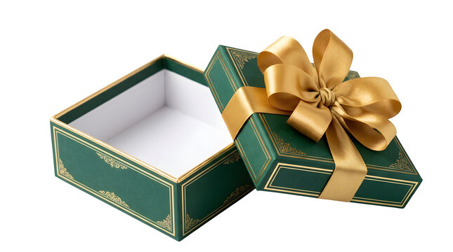 Luxury green gift box with gold ribbon, open empty present box with elegant bow, premium holiday packaging on white background