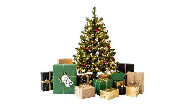 Decorated Christmas tree with wrapped gift boxes, festive holiday presents on white background, winter celebration concept