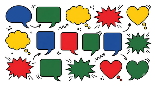 Comic speech bubble set, colorful hand drawn chat clouds and thought bubbles, pop art communication icons for social media