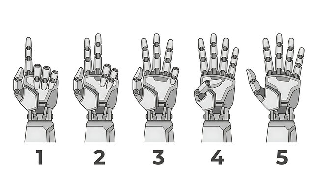 Robotic hand counting sequence from one to five, futuristic cyborg palm gestures, mechanical android fingers set