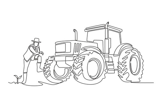 Continuous one line drawing young male farmer leaning on heavy agricultural tractor tire while looking down at growing seedling in cultivated field. Single line draw design vector graphic illustration