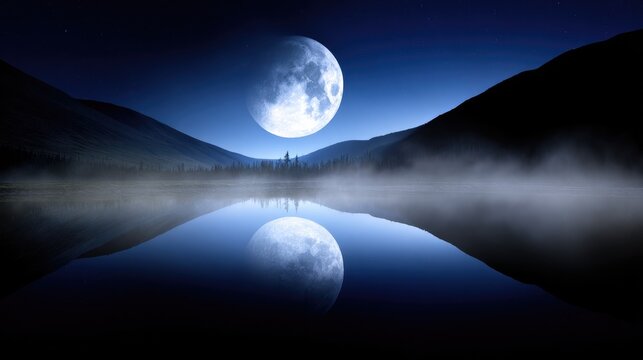 Large Full Moon Over Calm Horizon with Lake Reflection and Distant Hills