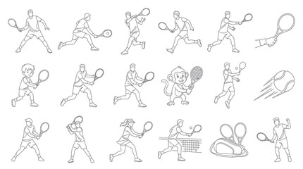 Obraz premium Tennis Player Line Art Black and White Vector Icons Set