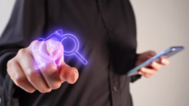 Discovering opportunities. A businesswoman holding a smartphone while pointing toward a virtual rocket and magnifying glass icon.