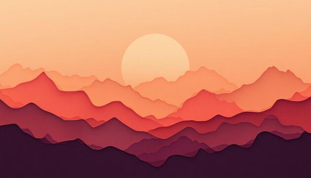 Abstract Layered Paper Landscape Mountain Silhouette Sunset Banner Background