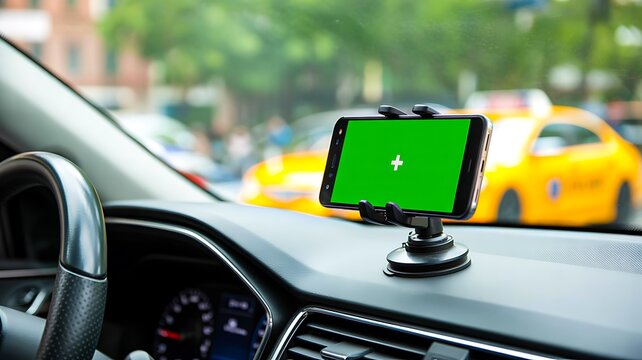 Car dashboard with mounted smartphone and taxi traffic on city street