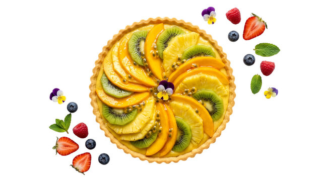 Tropical fruit tart with summer berries and edible flowers top view