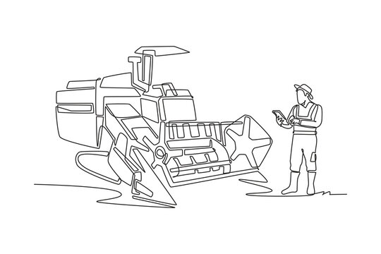 Continuous one line drawing young man working as modern farmer checking digital tablet near large combine harvester, smart agriculture and agronomy. Single line draw design vector graphic illustration