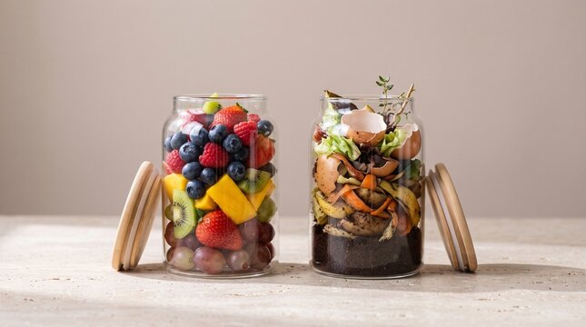 Glass Jars Filled with Fresh Cut Fruits Beside Composting Organic Kitchen Waste for World Food Day and Sustainability Concept