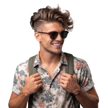 Stylish Caucasian man posing with backpack for summer travel