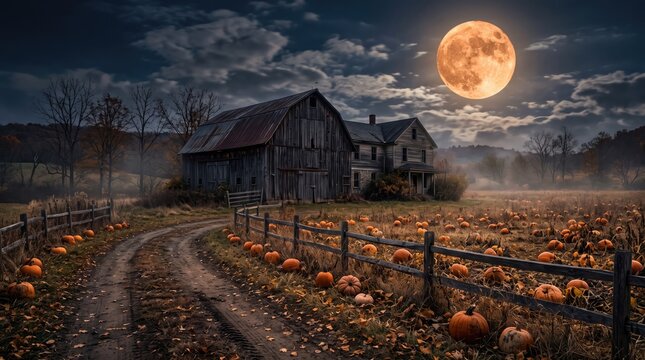 Spooky farmhouse with glowing full moon over a pumpkin patch during autumn harvest season