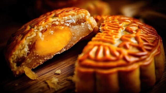 Macro Shot of Assorted Mooncakes with Molten Salted Egg Yolk Oozing from Flaky Crust