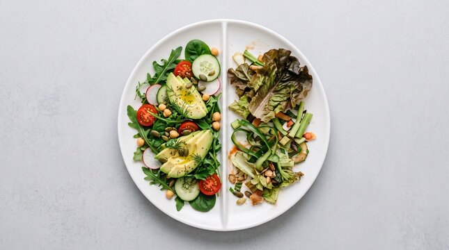 Divided White Plate Comparing Fresh Avocado Salad on One Side and Vegetable Food Scraps Waste on the Other for World Food Day