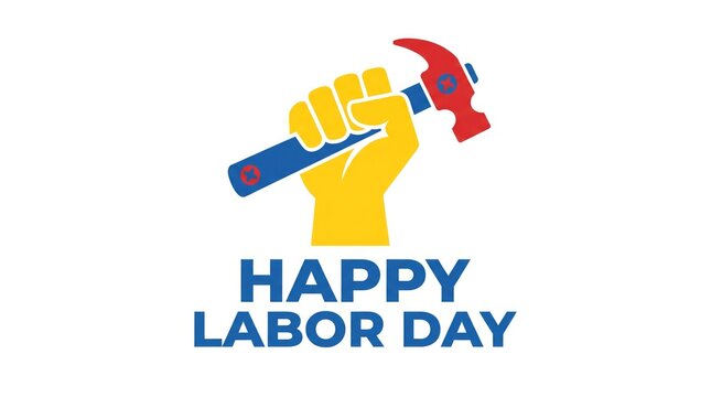 Happy Labor Day raised fist holding hammer vector typography logo emblem graphic design for worker holiday celebration poster