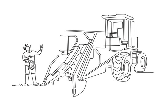 Continuous one line drawing man farmer pointing at large combine harvester machine, representing agricultural innovation and modern crop harvesting. Single line draw design vector graphic illustration