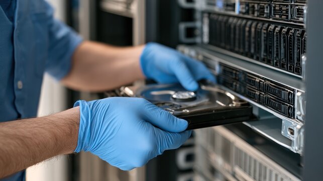 A person wearing blue gloves is installing a hard drive into a server rack. The close-up shot focuses on the hands and the equipment, highlighting a technical process