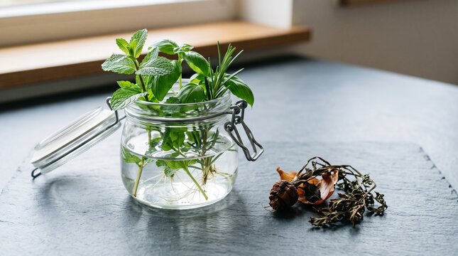 Fresh Herbs Rooting in Glass Jar of Water Beside Dry Herb Scraps on Slate Board for World Food Day and Plant Propagation Concept