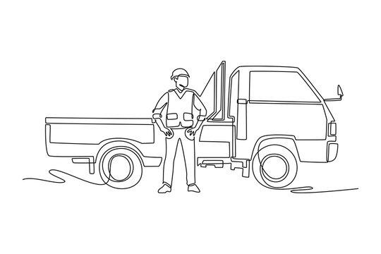 Continuous one line drawing young man driver standing in front of an empty pickup truck bed. Freight logistic, automotive cargo transport, delivery. Single line draw design vector graphic illustration