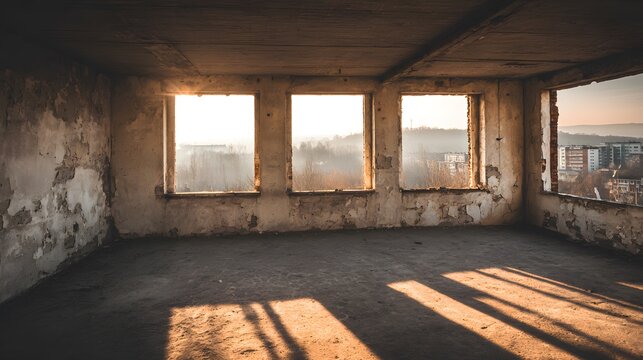 Urban ruin at dusk with soft light through a broken window onto a dusty floor. real-estate listings.