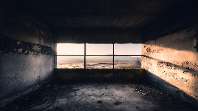 Urban ruin at dusk with soft light through a broken window onto a dusty floor. real-estate listings.