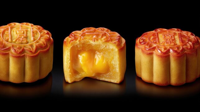 Macro Shot of Assorted Mooncakes with Molten Salted Egg Yolk Oozing from Flaky Crust