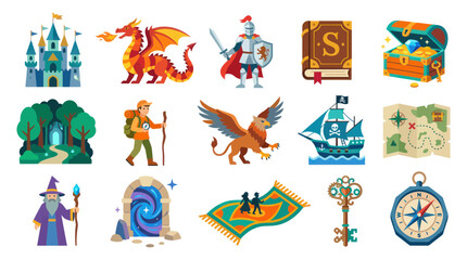Fototapeta premium Fantasy Adventure Icons: Castle, Dragon, Knight, Map, Compass, Wizard, Ship