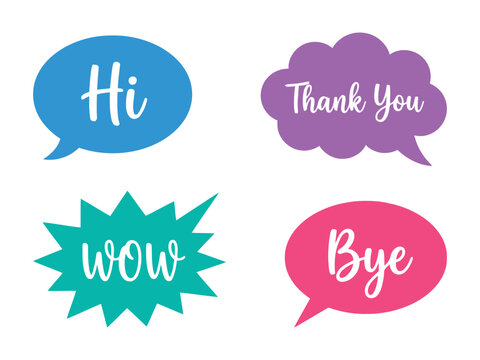 Colorful speech bubble set with hi thank you wow and bye text for chat and communication visuals