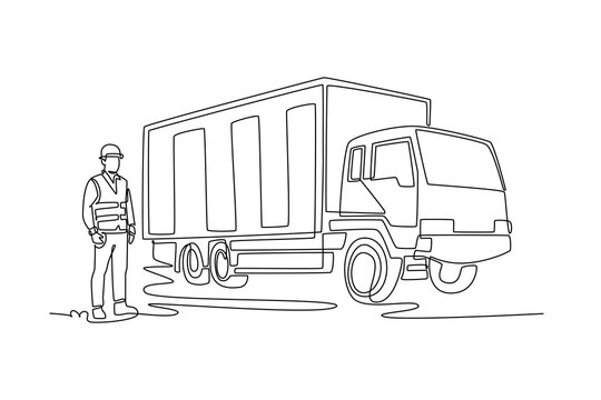 Single one line drawing young male driver standing next to large cargo delivery truck, representing logistics, freight, transportation services. Continuous line draw design graphic vector illustration