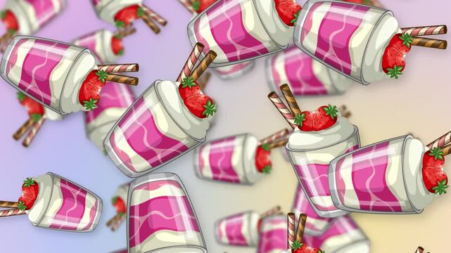 Animated Falling Strawberry Parfait Dessert Cups on Pastel Gradient Background