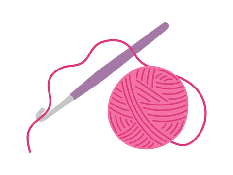 Crochet craft vector illustration. Vibrant pink yarn ball and crochet hook isolated on white background. Handcraft hobby tool and supply in flat cartoon style