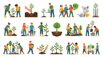Fototapeta premium Flat Vector Illustration Set: People Planting Trees Gardening for Environmental Conservation Nature Care