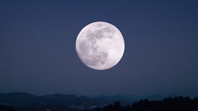 Large Full Moon Over Calm Horizon with Lake Reflection and Distant Hills