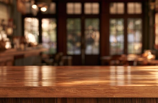 Warm, sunlit wooden counter in a softly blurred, inviting interior