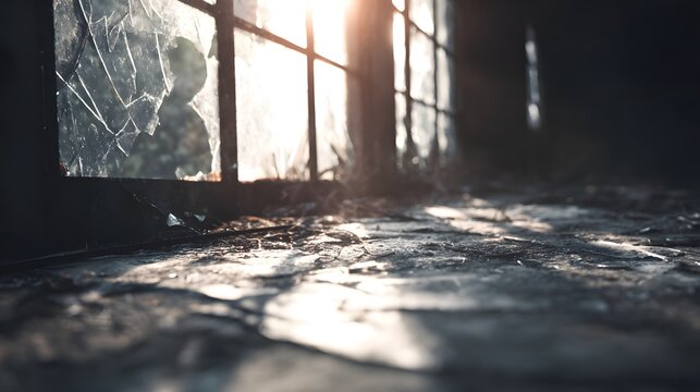 Urban ruin at dusk with soft light through a broken window onto a dusty floor. real-estate listings.