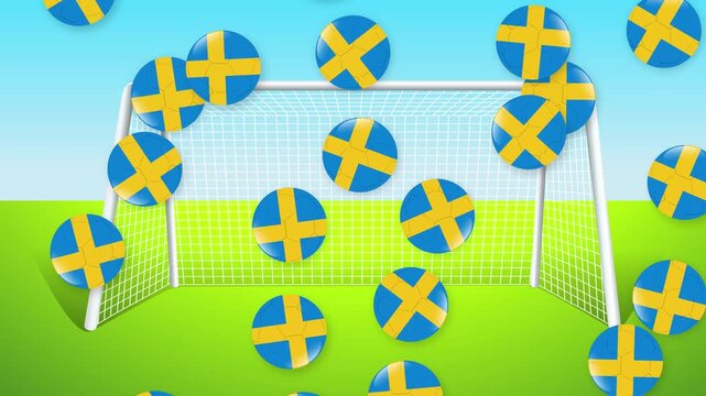 Falling Swedish Flag Football Icons Over Soccer Goal Animation
