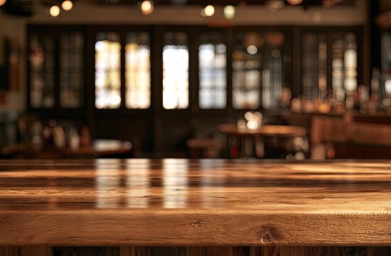 Empty wooden bar top with blurred cozy interior and warm lighting