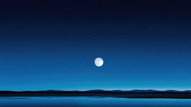 Large Full Moon Over Calm Horizon with Lake Reflection and Distant Hills
