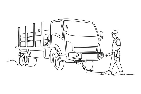 Single one line drawing young man working as engineer holding blueprints near timber cargo truck, logging transport and construction site work. Continuous line draw design graphic vector illustration