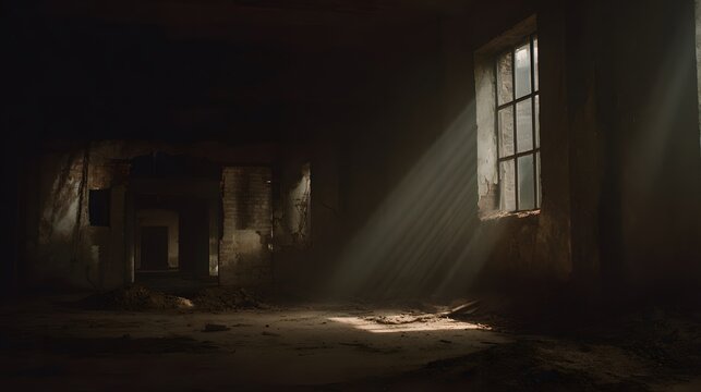 Urban ruin at dusk with soft light through a broken window onto a dusty floor. real-estate listings.