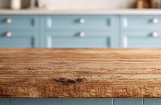 Rustic wooden tabletop in focus, soft-focus pastel blue kitchen cabinets behind