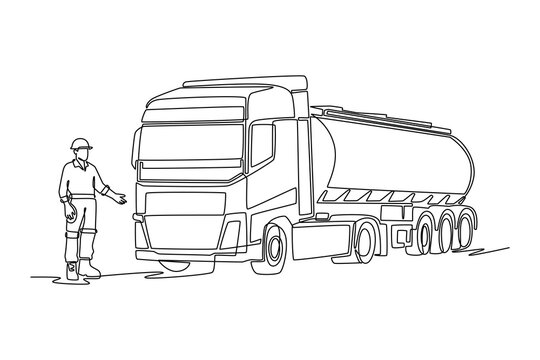 Single continuous line drawing young man driver gesturing toward a heavy fuel tanker truck. Petroleum shipping, chemical delivery, and energy logistic. One line draw graphic design vector illustration