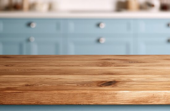 Warm wooden surface in a bright kitchen with blue cabinetry