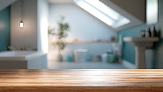 Blurred attic bathroom with a wooden surface in the foreground