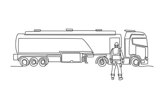 Single continuous line drawing man working as a fuel tanker truck driver standing next to large cargo cistern semi trailer. Liquid petroleum transport. One line draw graphic design vector illustration