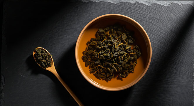 Above view of oolong tea leaves steeping in a wooden bowl with a wooden spoon on a dark slate surface with dramatic lighting