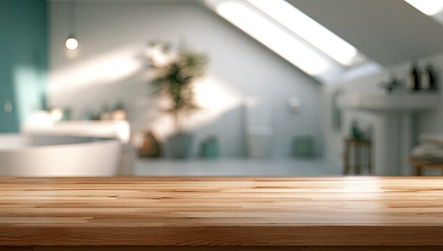 Softly lit, blurred modern bathroom with wooden countertop in foreground