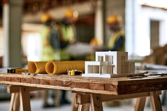 Miniature house model, blueprints, and tape measure on wooden table at construction site