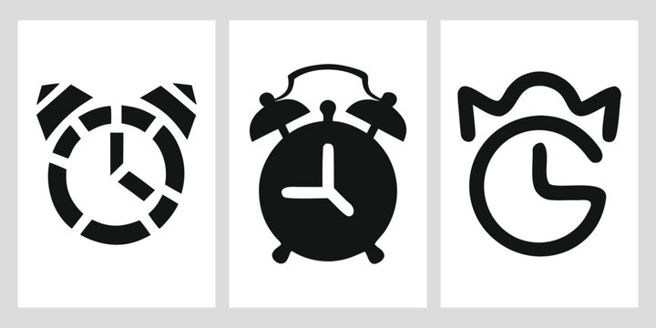 Minimalist alarm clock silhouettes set featuring geometric dashed lines and abstract letter shapes time isolated vector illustration icon logo.